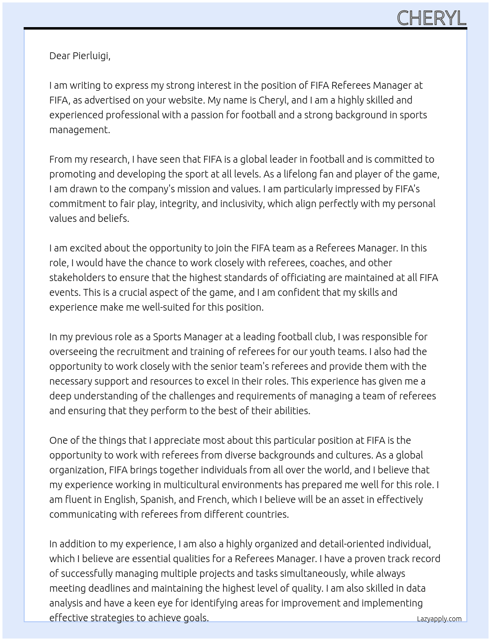 FIFA Referees manger  At FIFA Cover Letter