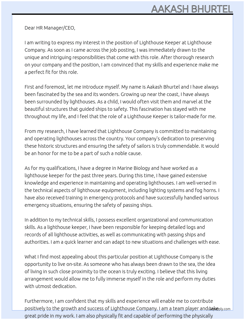 Lighthouse keeper  At Lighthouse company  Cover Letter