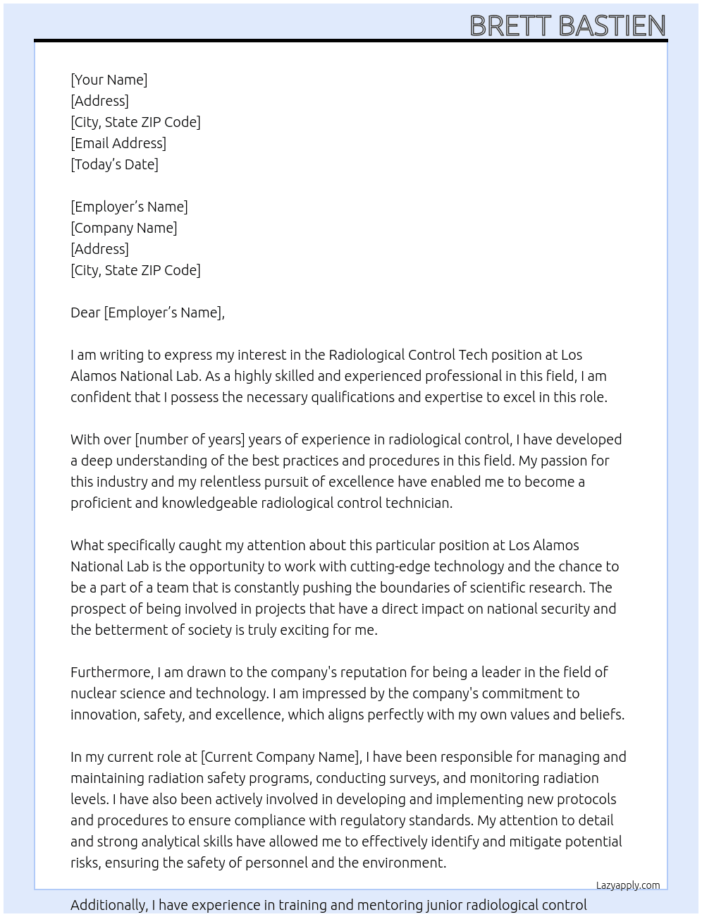 Radiological Control Tech At Los Alamos National Lab Cover Letter