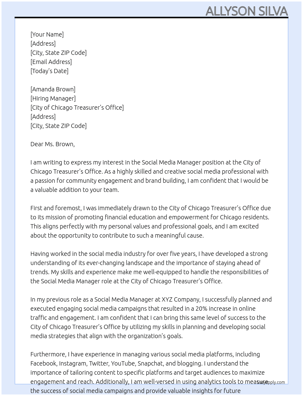 Social media manager At City of Chicago Treasurer’s Office Cover Letter