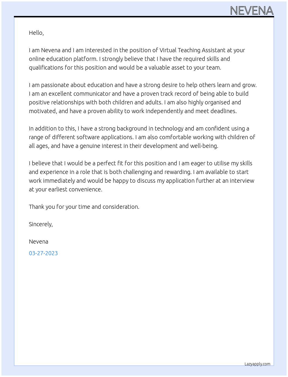 virtual teaching assistant At online education platform Cover Letter