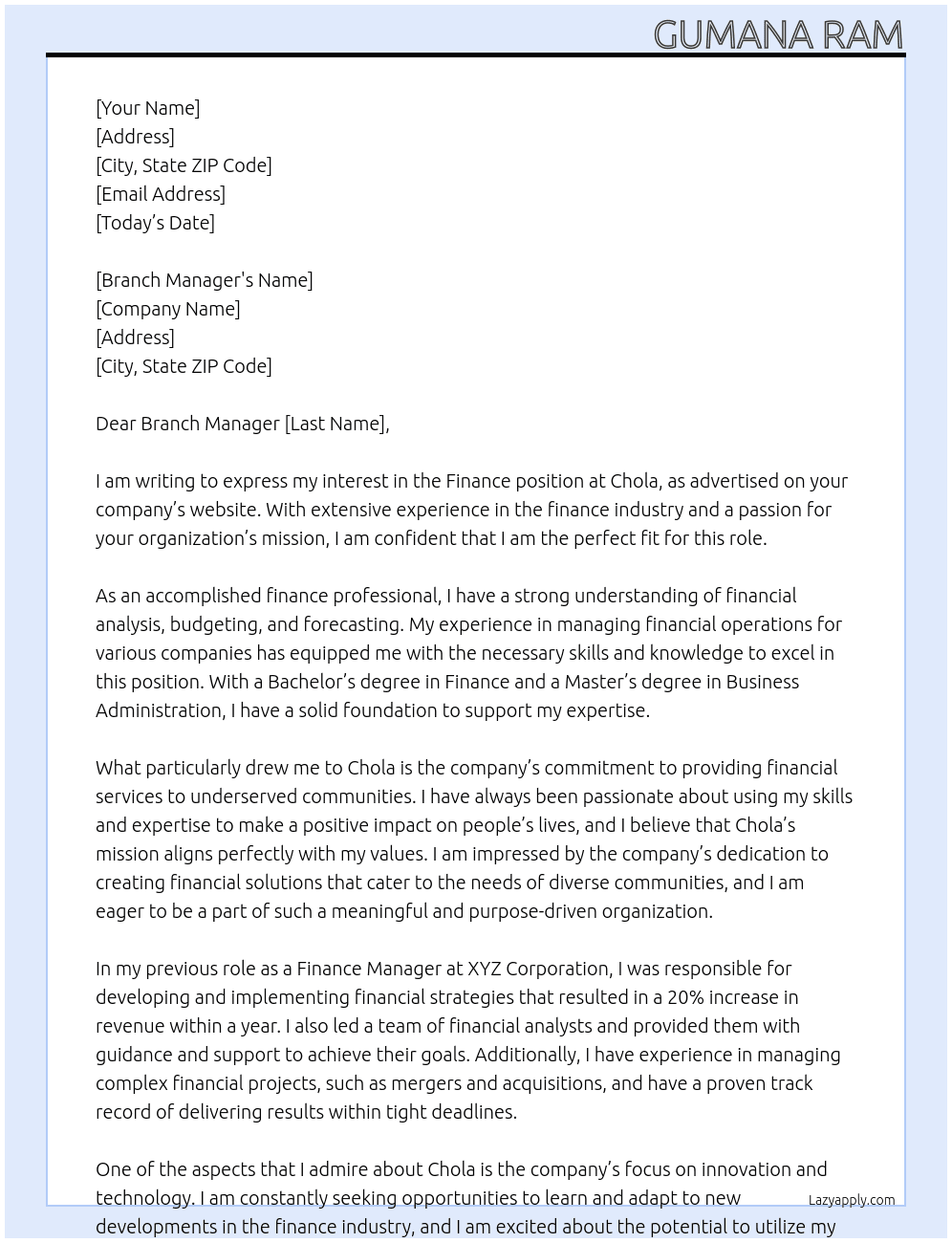 Finance  At Chola Cover Letter