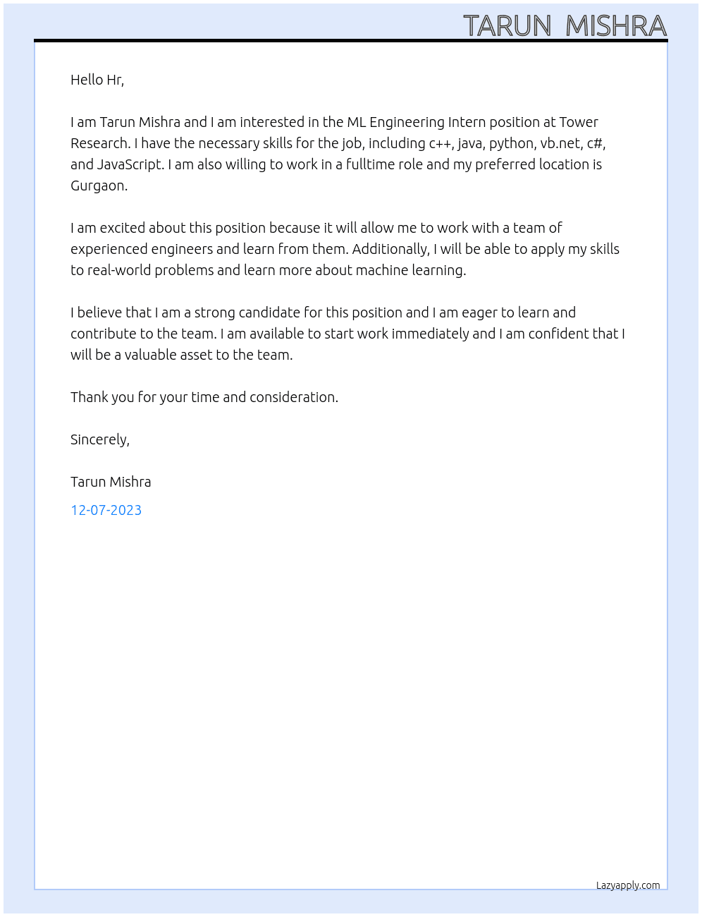 ML Engineering Intern At Tower Research  Cover Letter