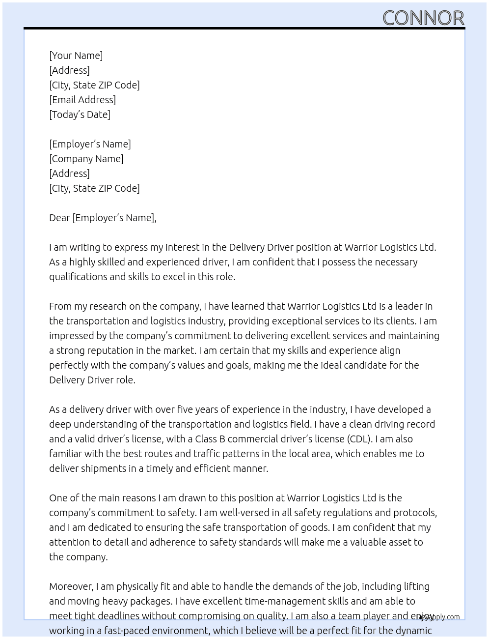 delivery driver At Warrior Logistics Ltd Cover Letter