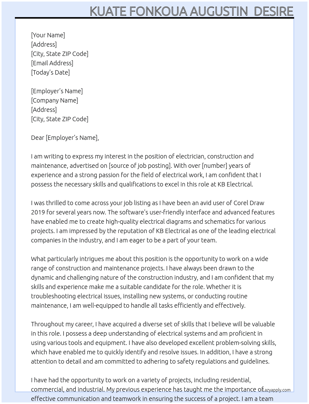 electrician, construction and maintenance  At KB Electrical Cover Letter