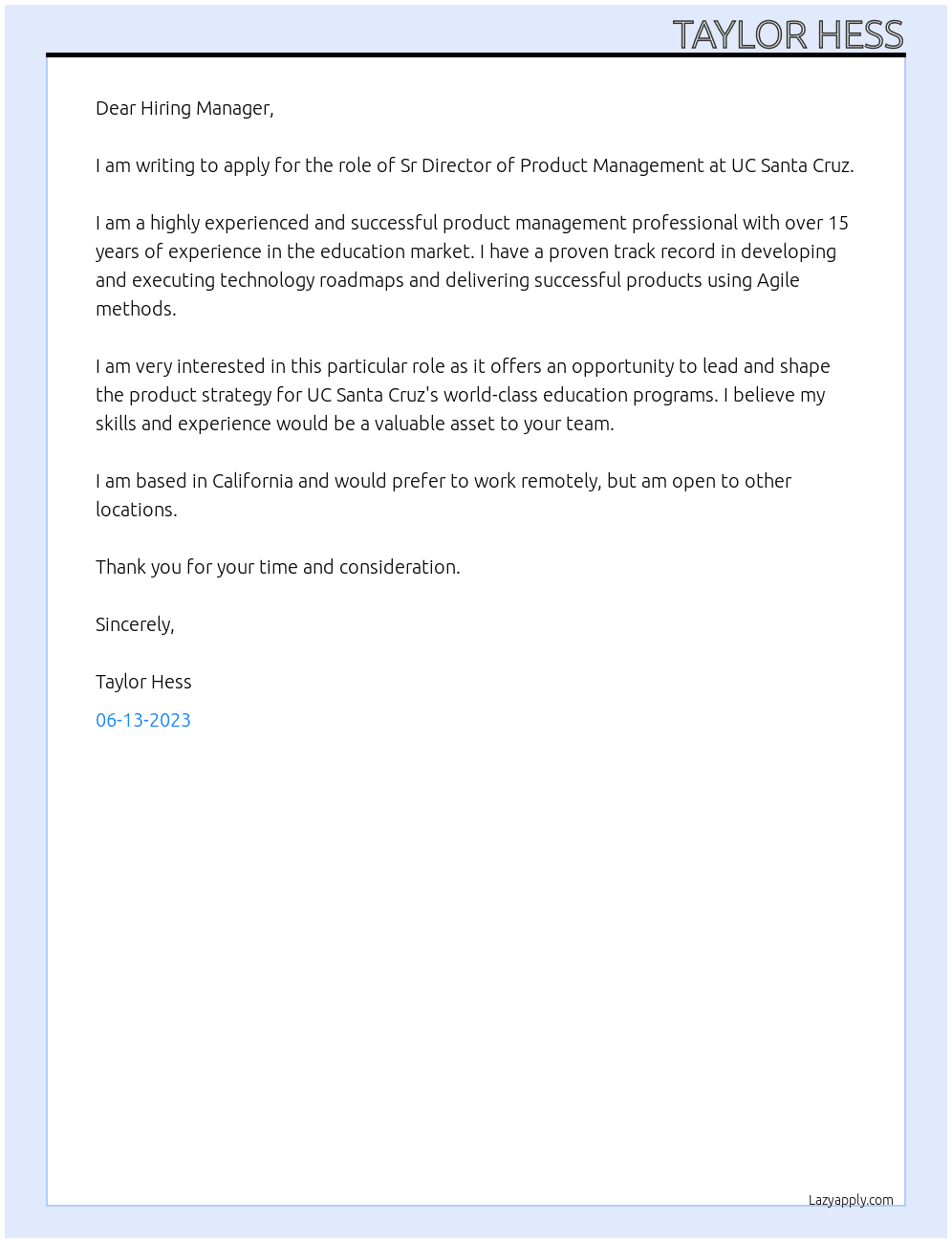 Sr Director of Product Management At UC Santa Cruz Cover Letter