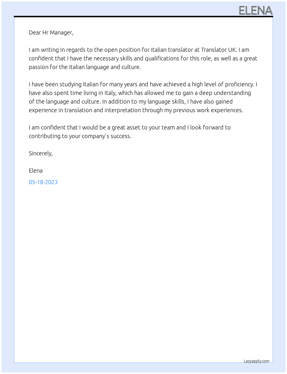 Italian translator At Translator UK Cover Letter