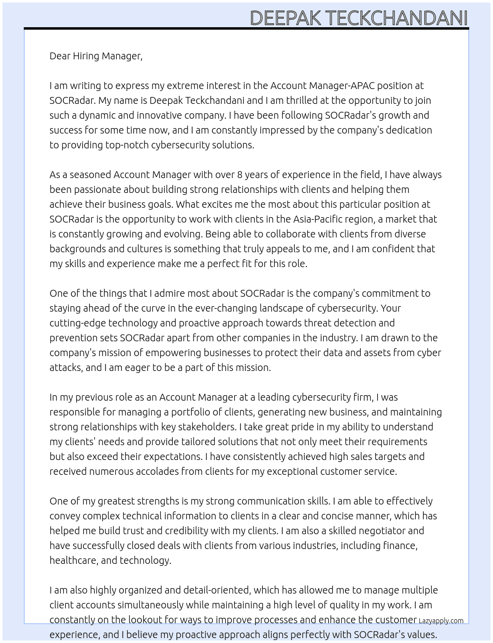 Account Manager-APAC At SOCRadar Cover Letter