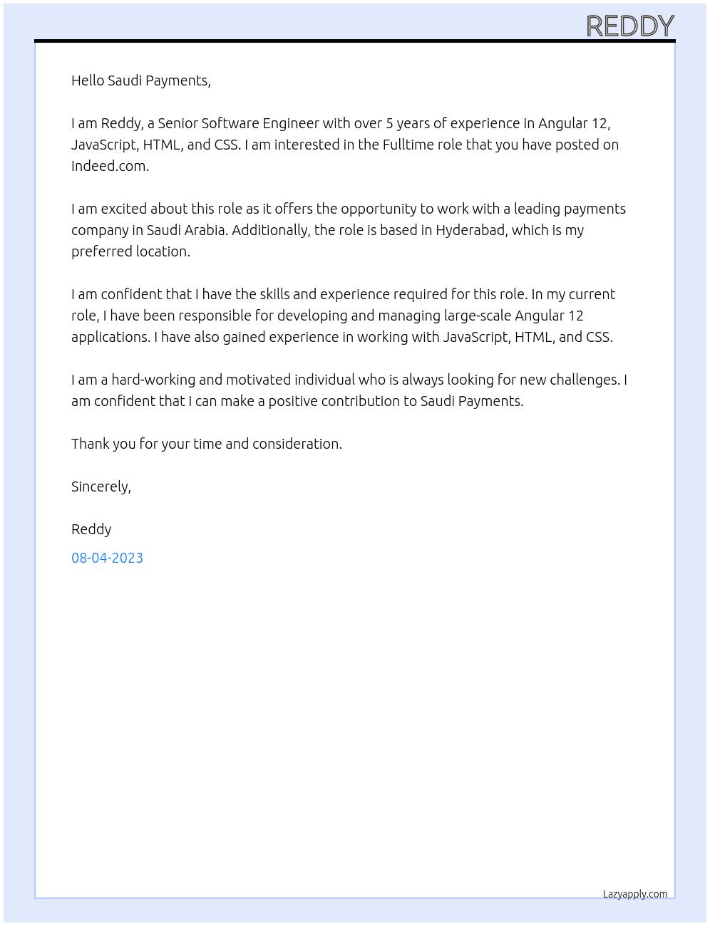 Senior software engineer At Saudi Payments Cover Letter