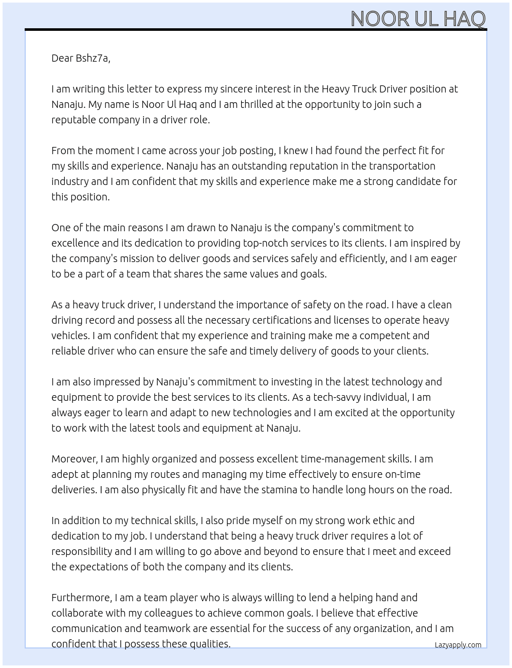 Heavy truck driver At Nanaju Cover Letter