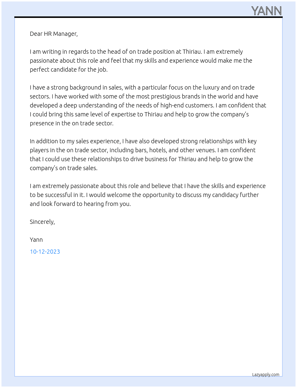 head of on trade At Thiriau Cover Letter