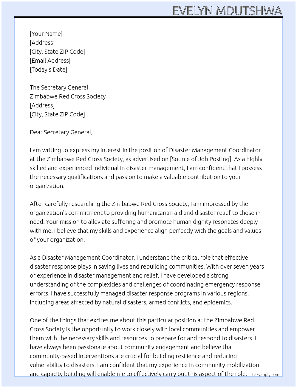 disaster management coordinator At Zimbabwe Red Cross Society Cover Letter