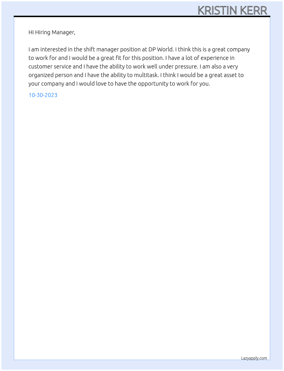 Shift Manager  At DP World  Cover Letter