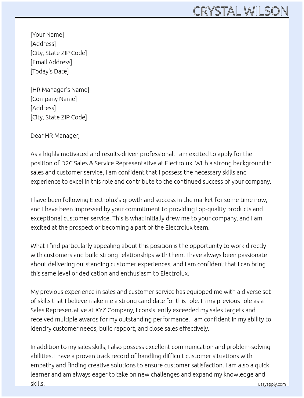 D2C Sales & Service Representative At Electrolux Cover Letter