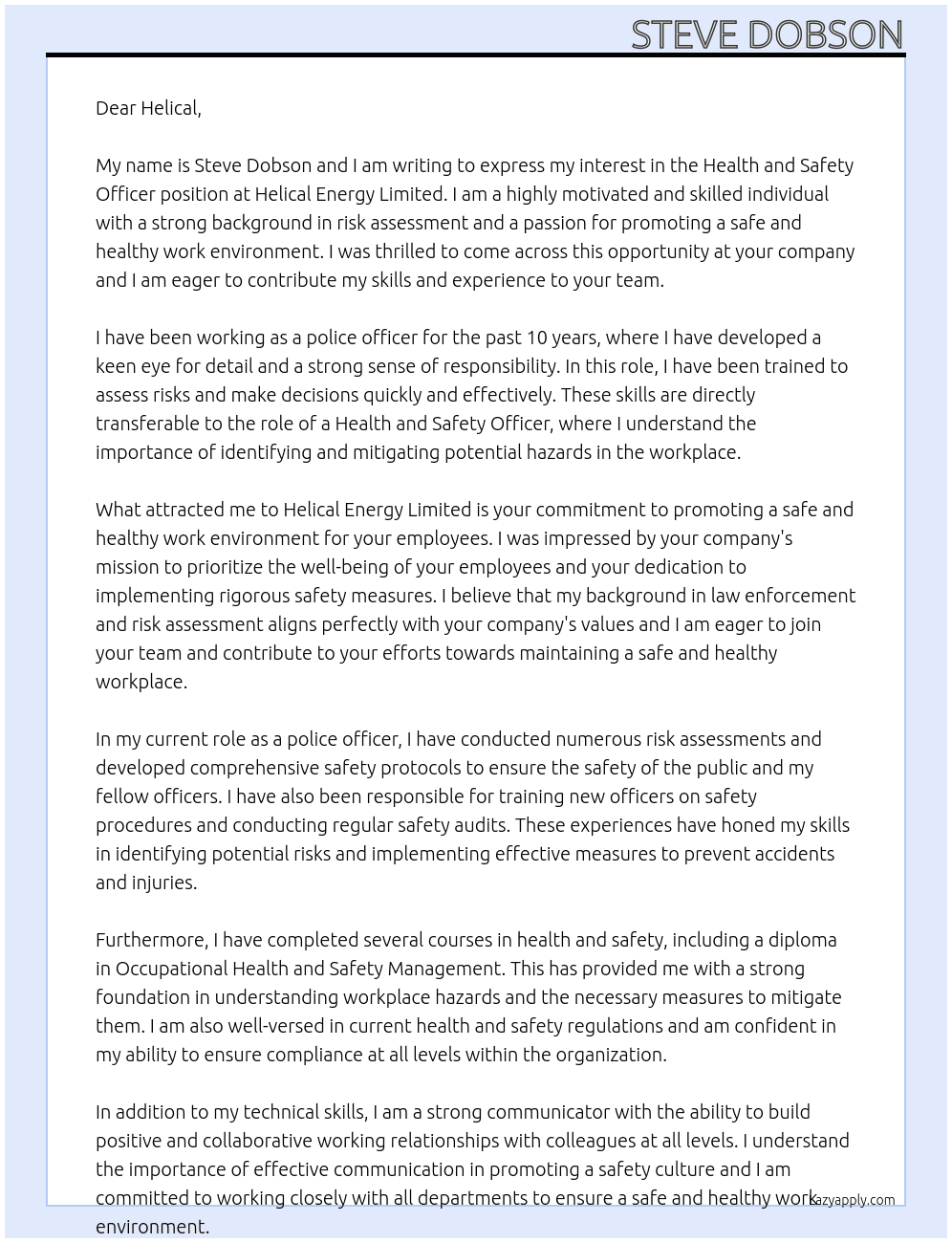 Health and safety officer At Helical Energy Limited Cover Letter