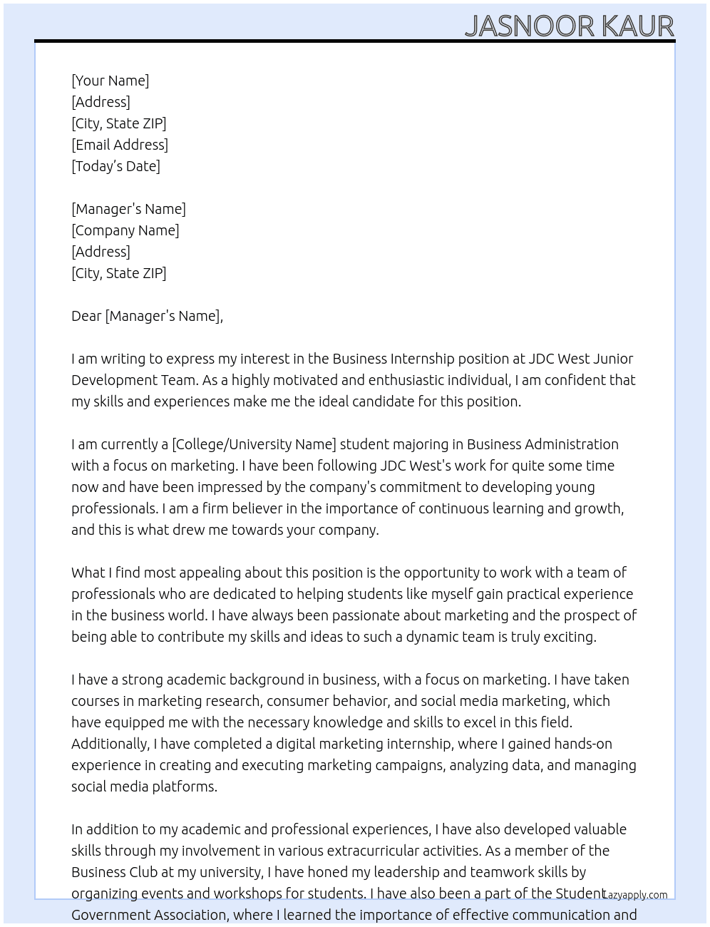 business Internship At JDC West Junior Development Team Cover Letter