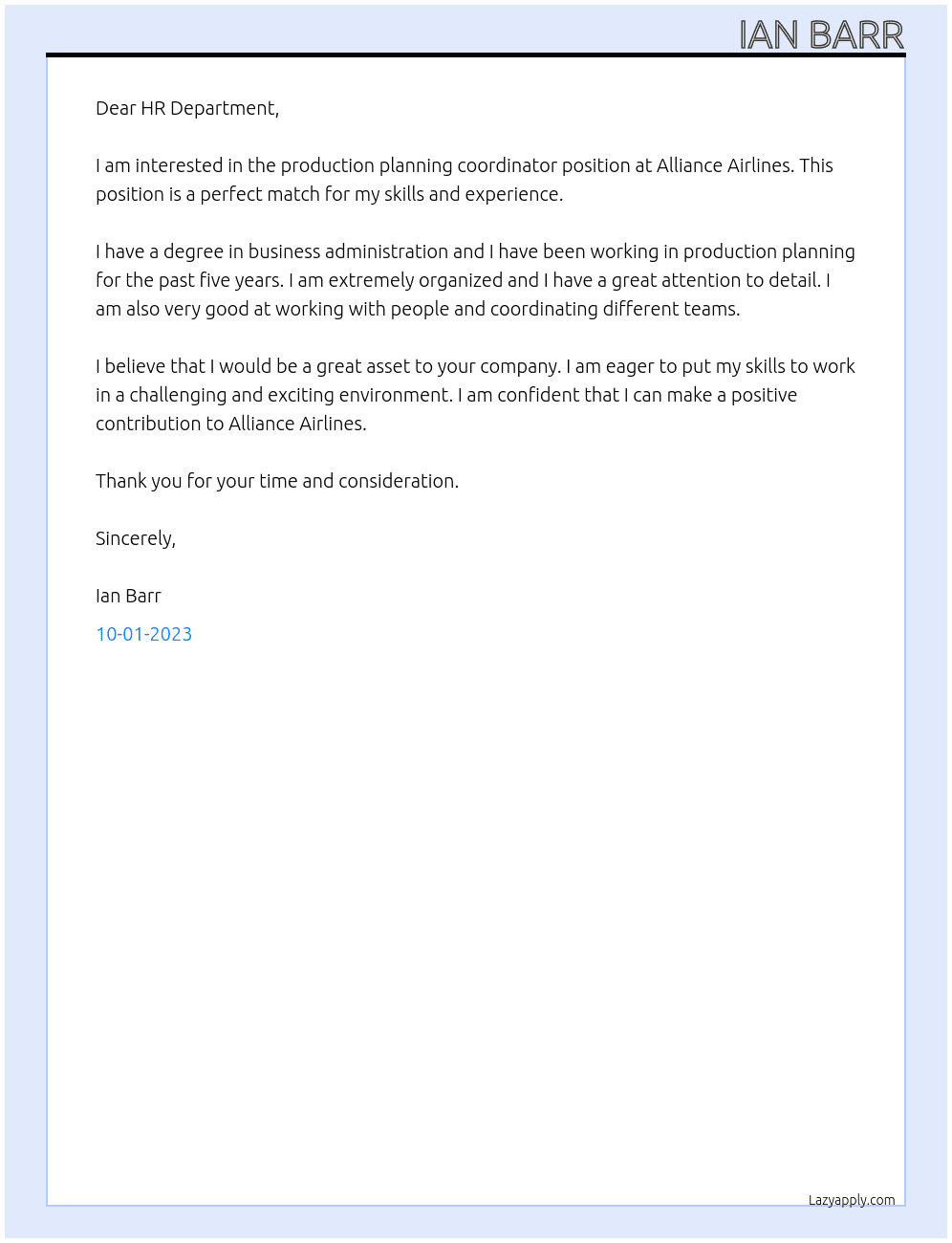 production planning coordinator At Alliance Airlines Cover Letter
