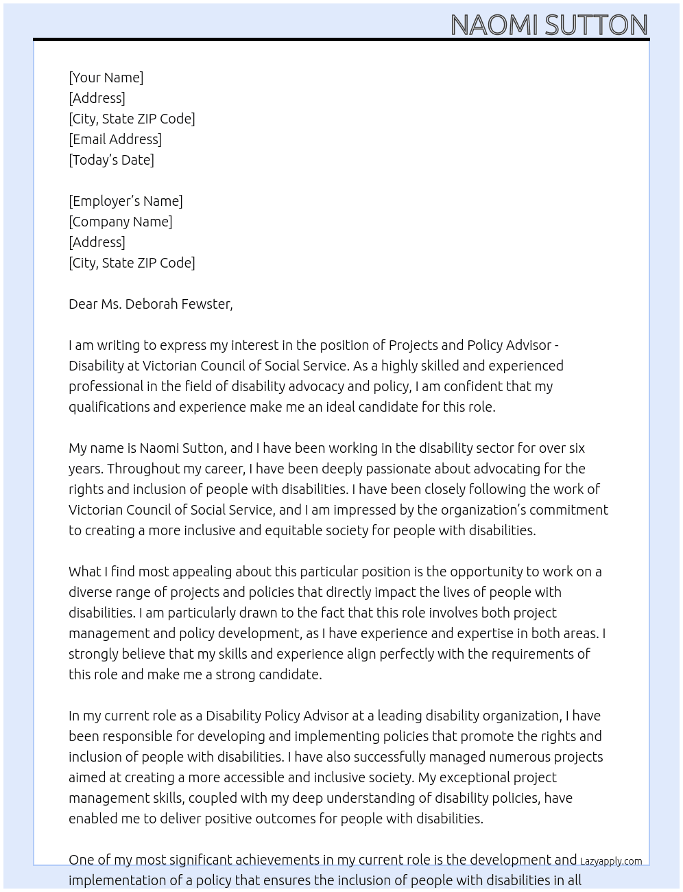 Projects and Policy Advisor - Disability At Victorian Council of Social Service Cover Letter