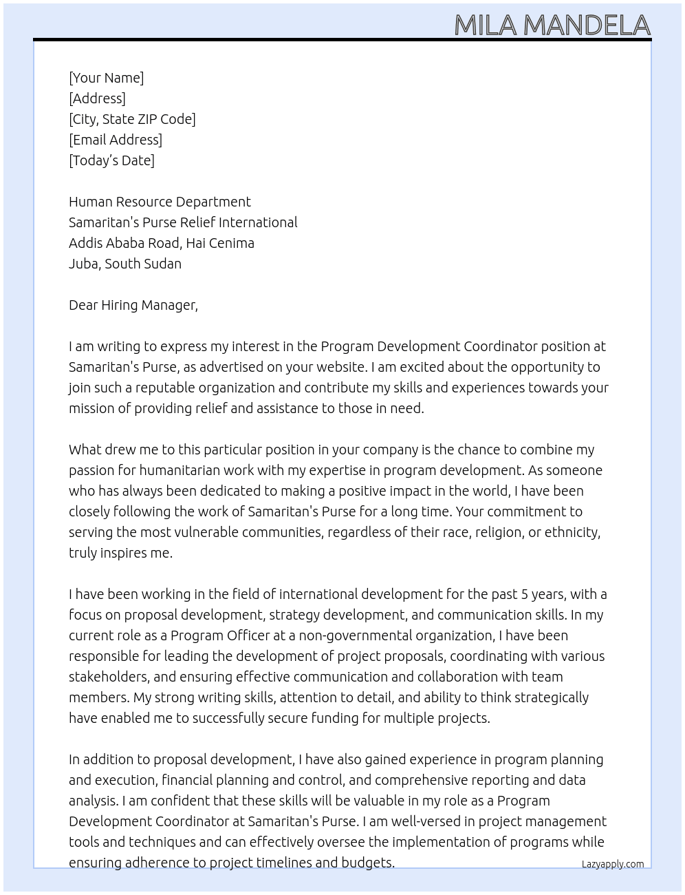 program Development Coordinator At Samaritan's Purse Cover Letter