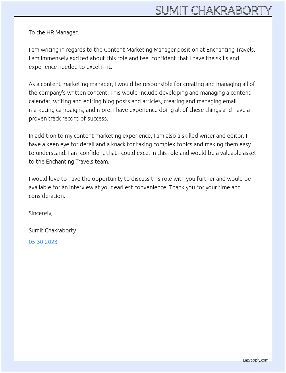 CONTENT MARKETING MANAGER At ENCHANTING TRAVELS Cover Letter