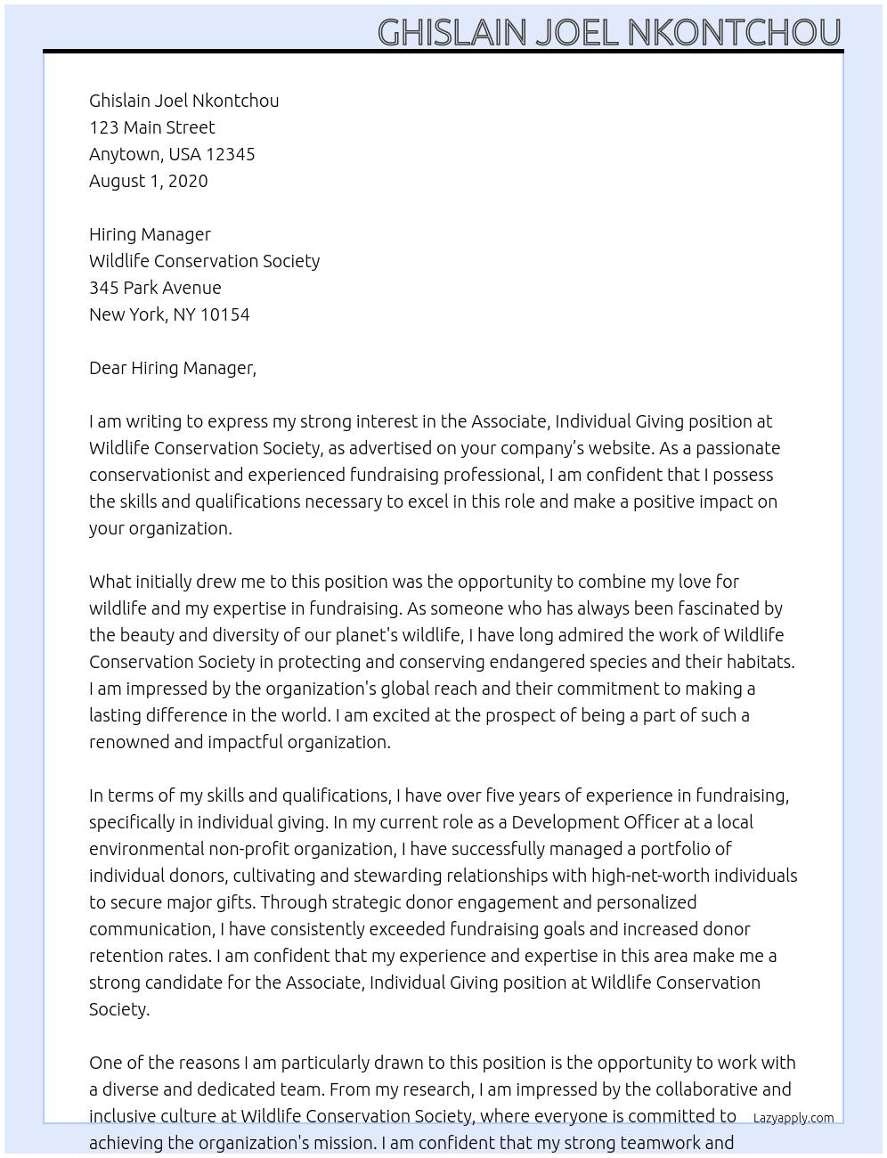 Associate, Individual Giving At Wildlife Conservation Society Cover Letter