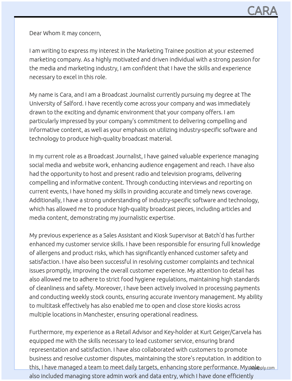 Marketing Trainee At Marketing company Cover Letter