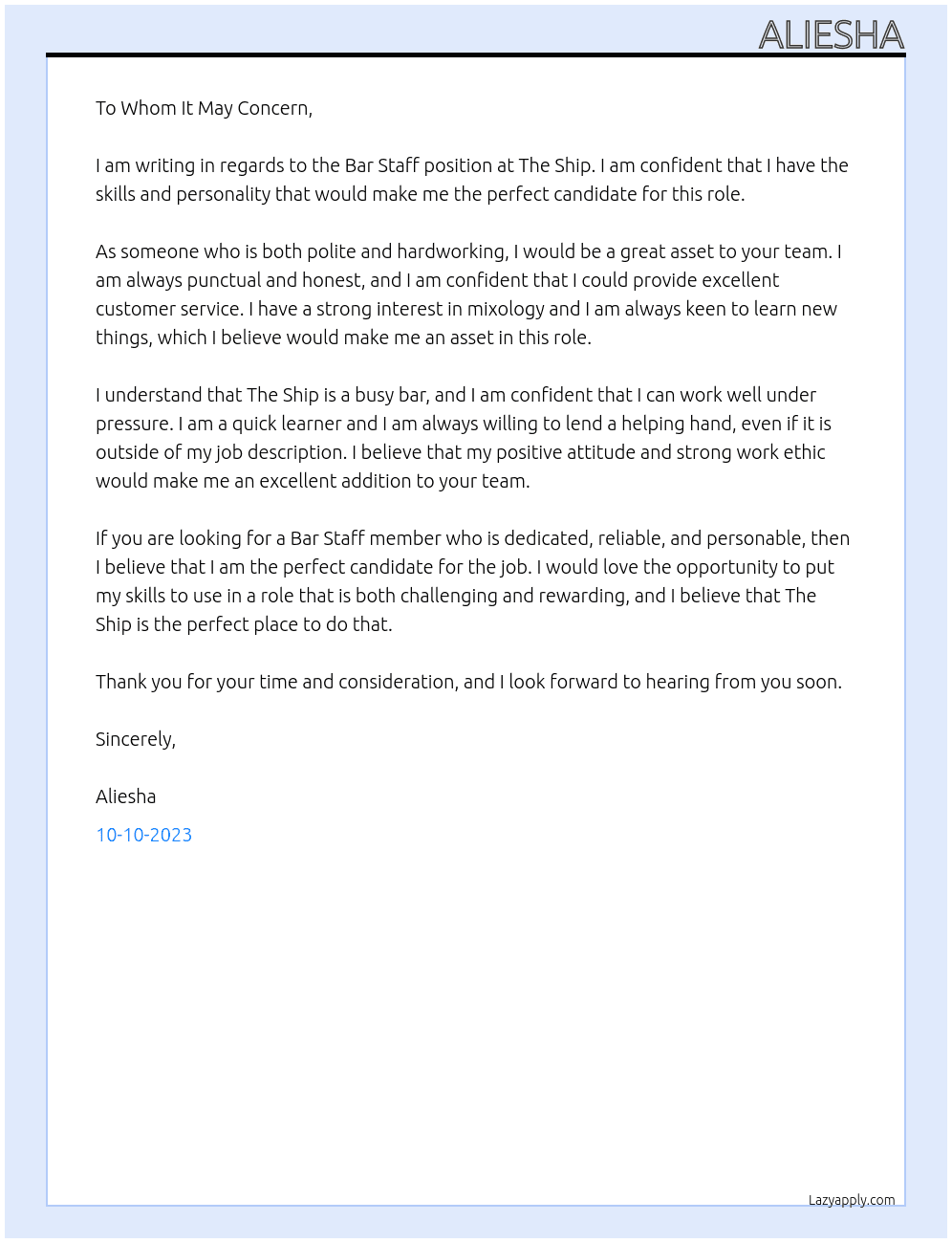 Bar Staff At The Ship Cover Letter