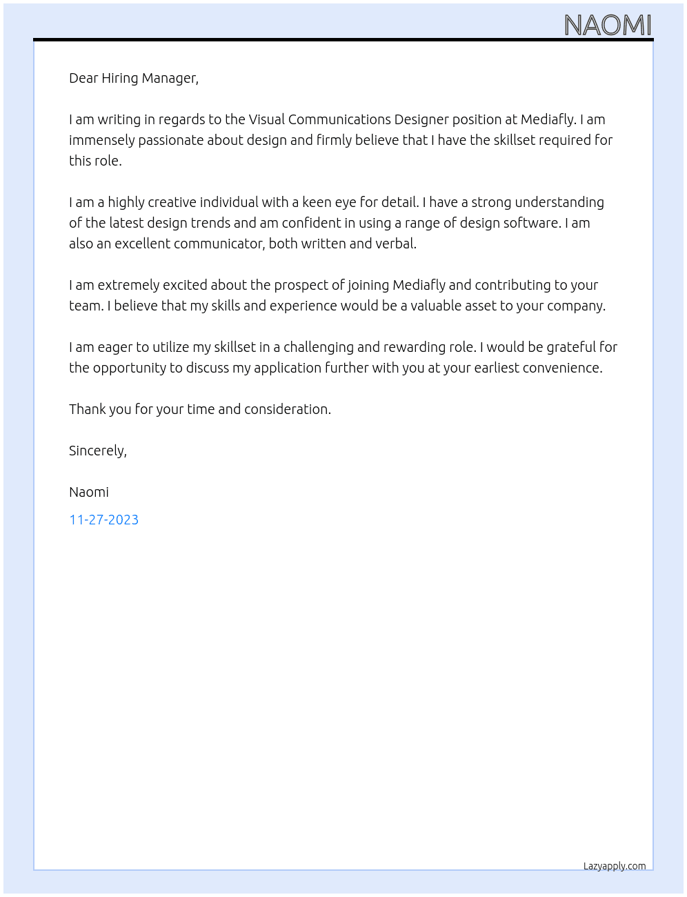 Visual Communications Designer At Mediafly Cover Letter