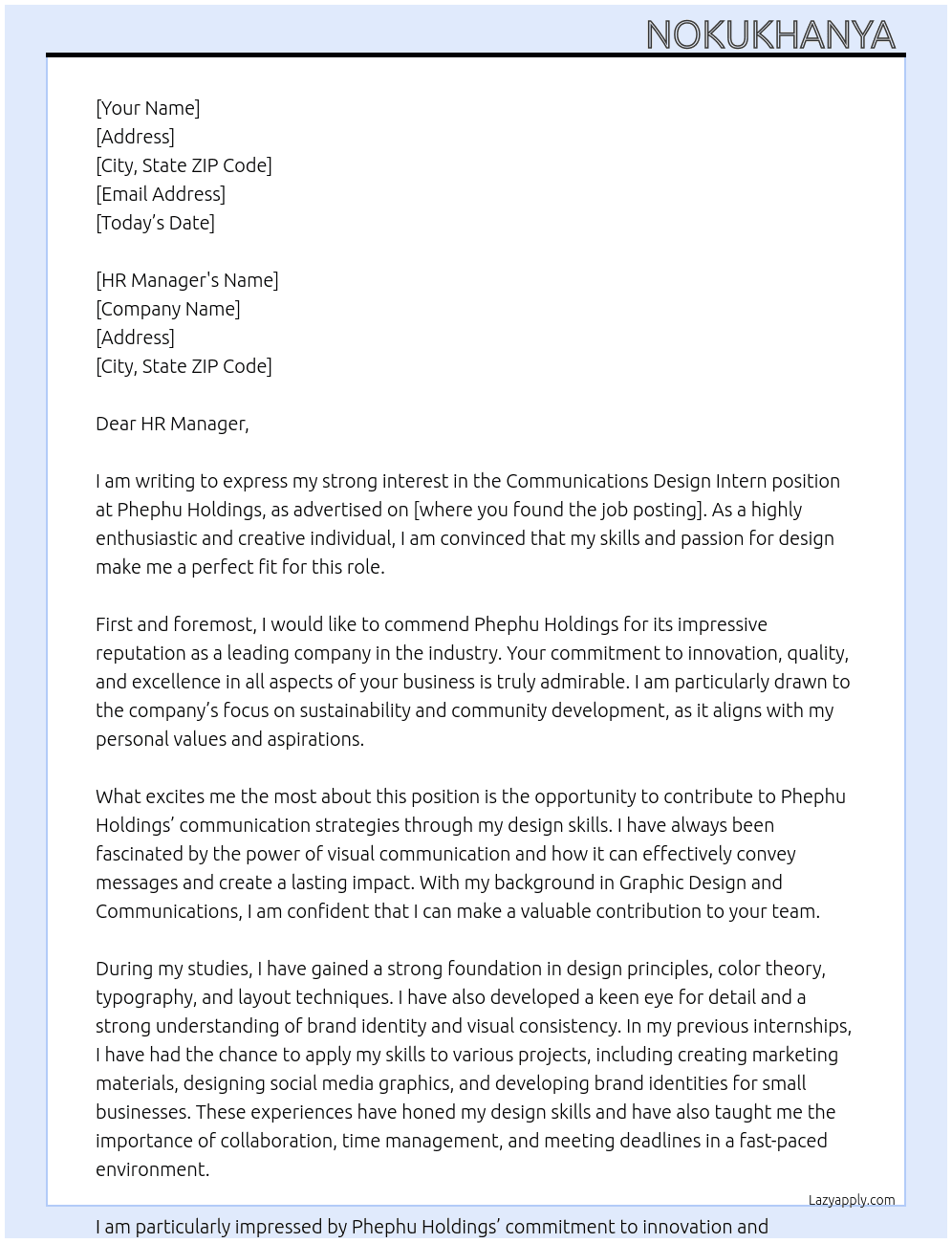 Commmunications Design Intern At Phephu Holdings  Cover Letter