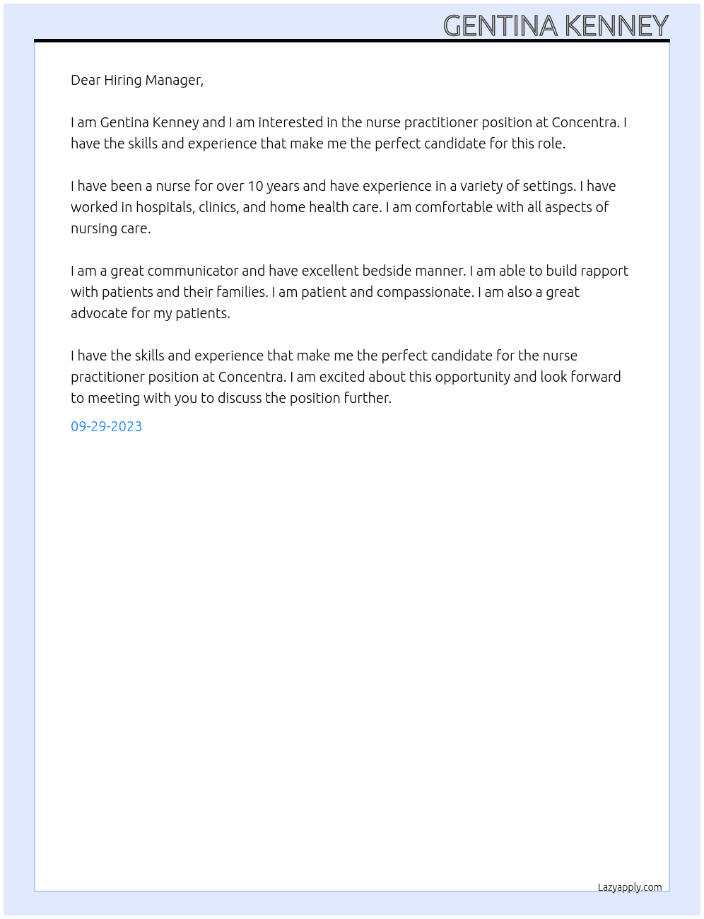 Nurse practitioner  At Concentra  Cover Letter
