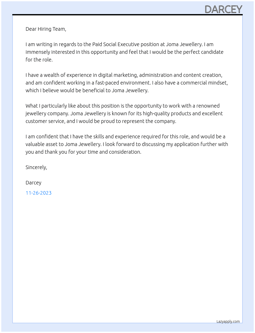 Paid Social Executive At Joma Jewellery Cover Letter