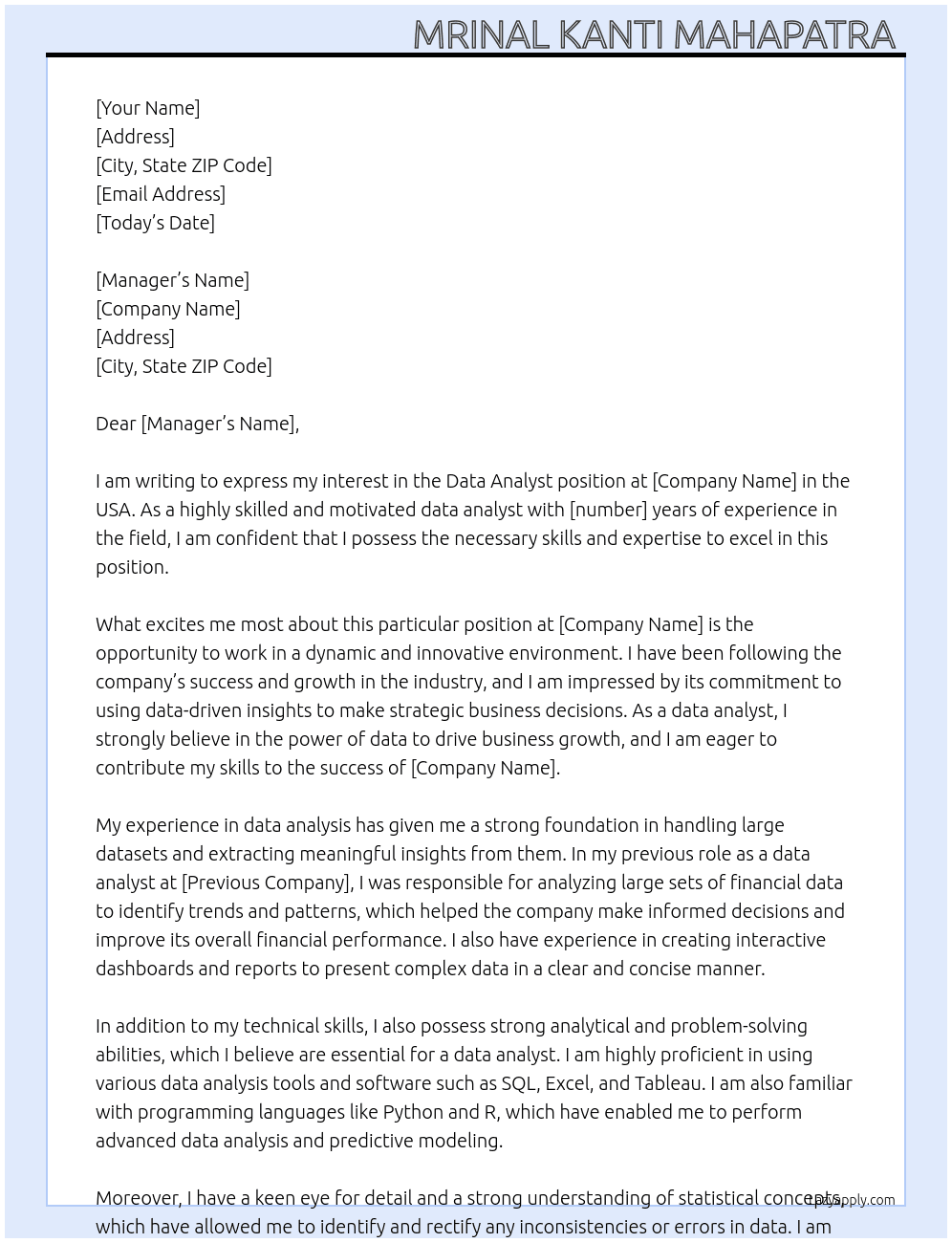 Data analyst At usa Cover Letter