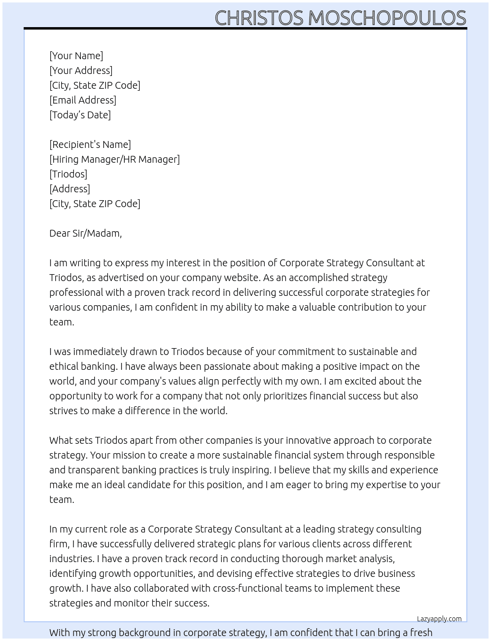 Corporate Strategy Consultant At Triodos Cover Letter