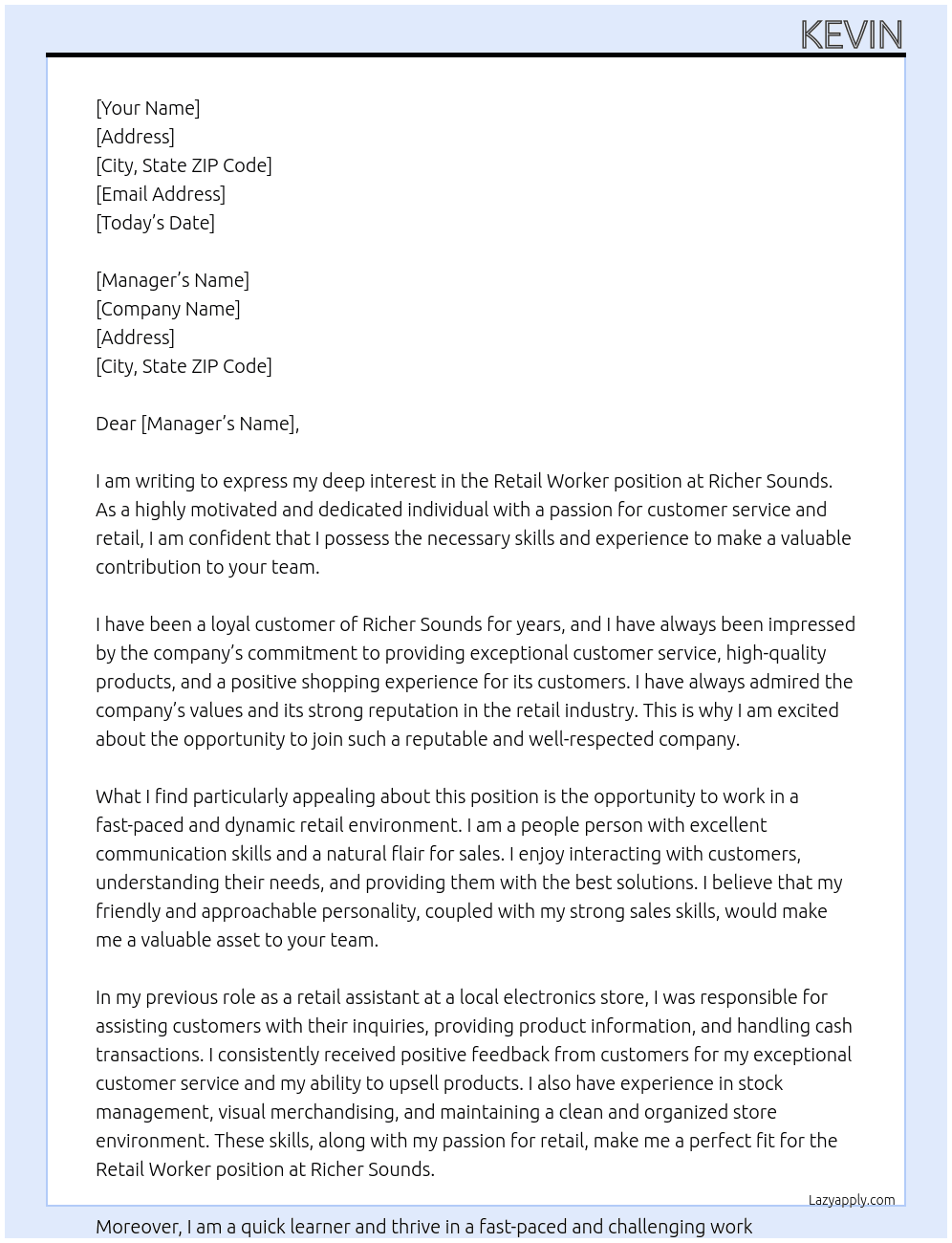 Retail Worker At Richer Sounds Cover Letter