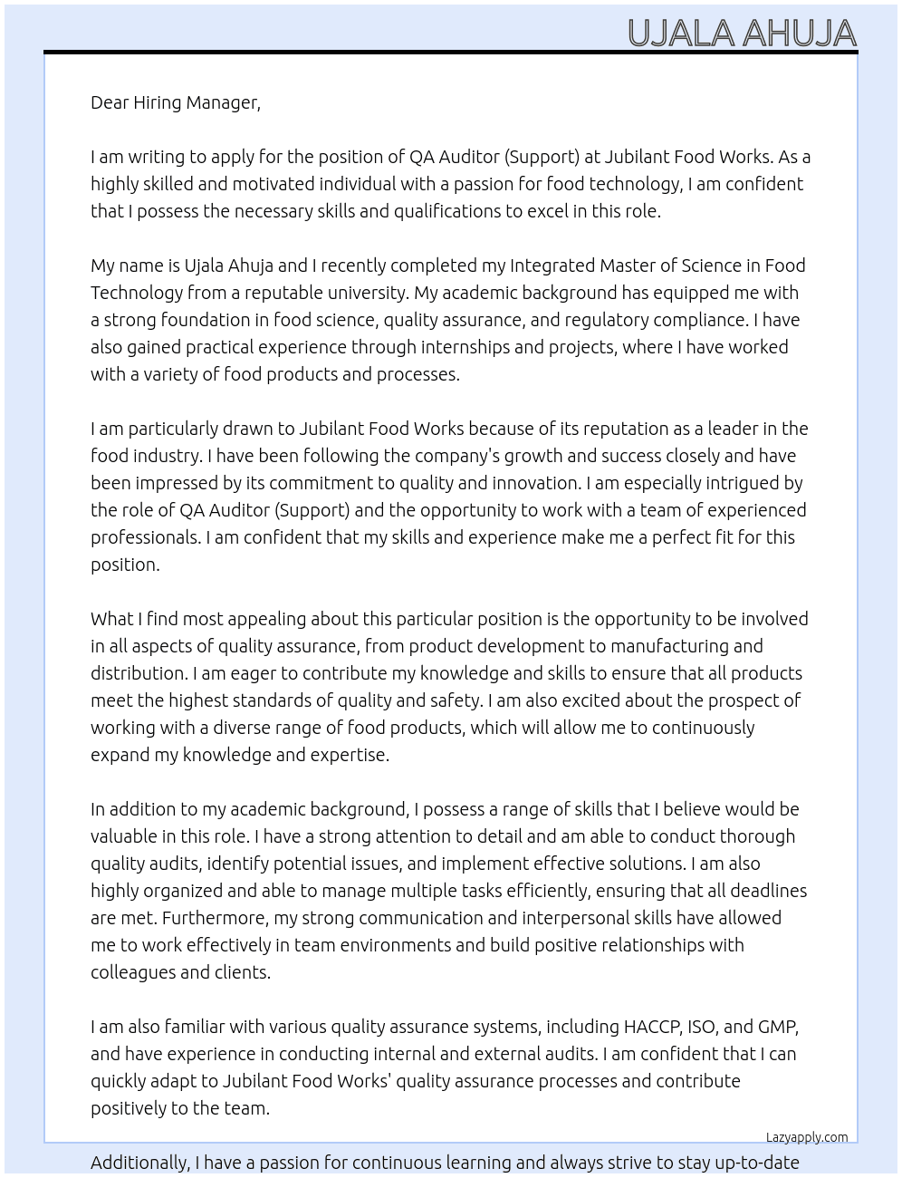 QA auditor (support) At Jubilant Food Works Cover Letter