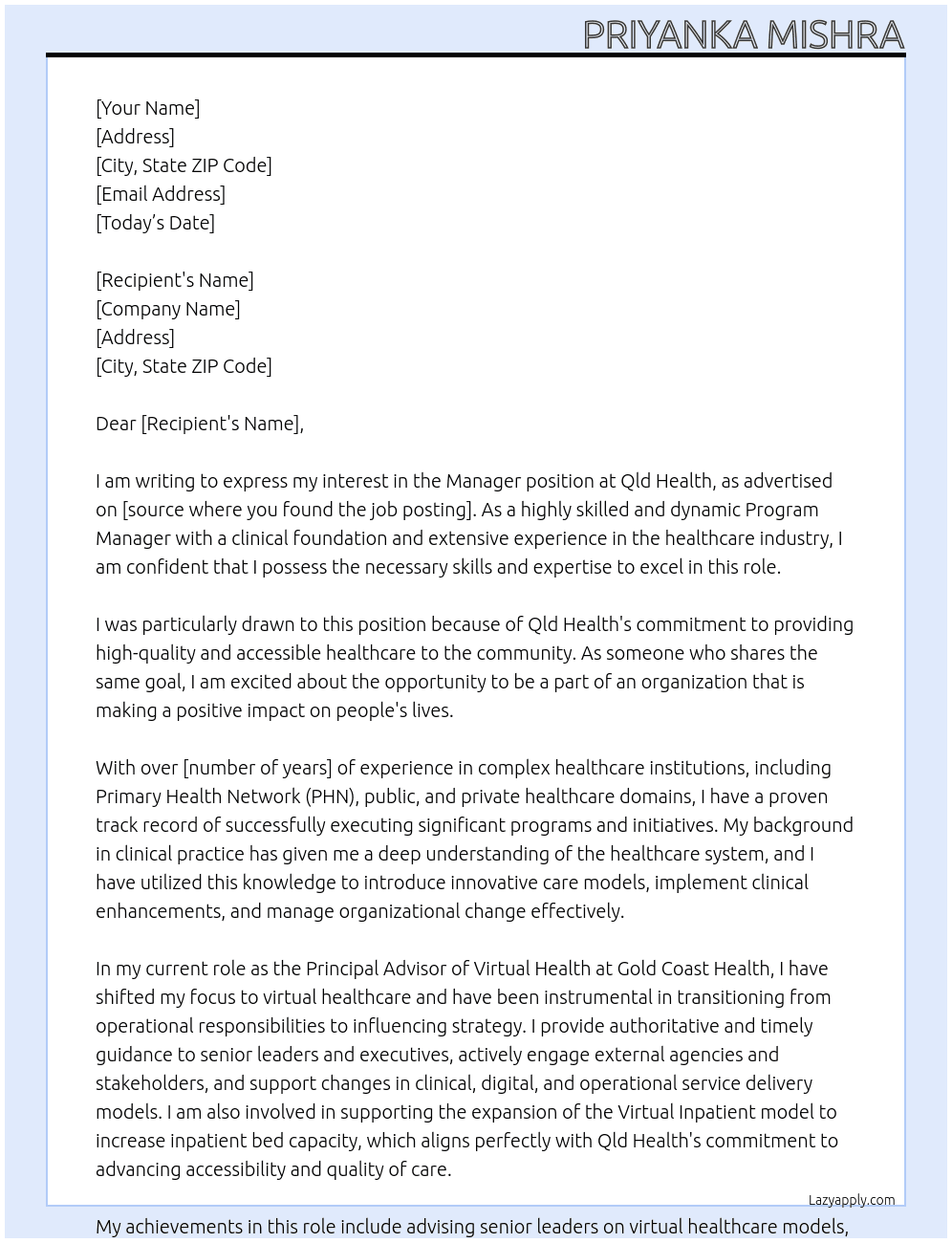 Manager At Qld Health Cover Letter