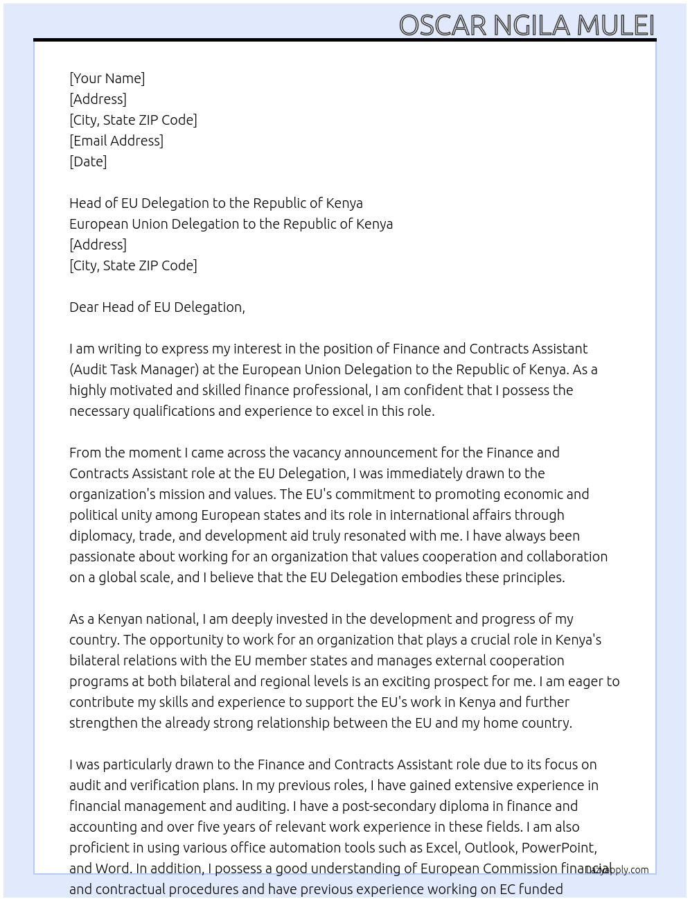 Finance and Contracts Assistant (Audit Task Manager)” At EUROPEAN UNION DELEGATION TO THE REPUBLIC OF KENYA Cover Letter
