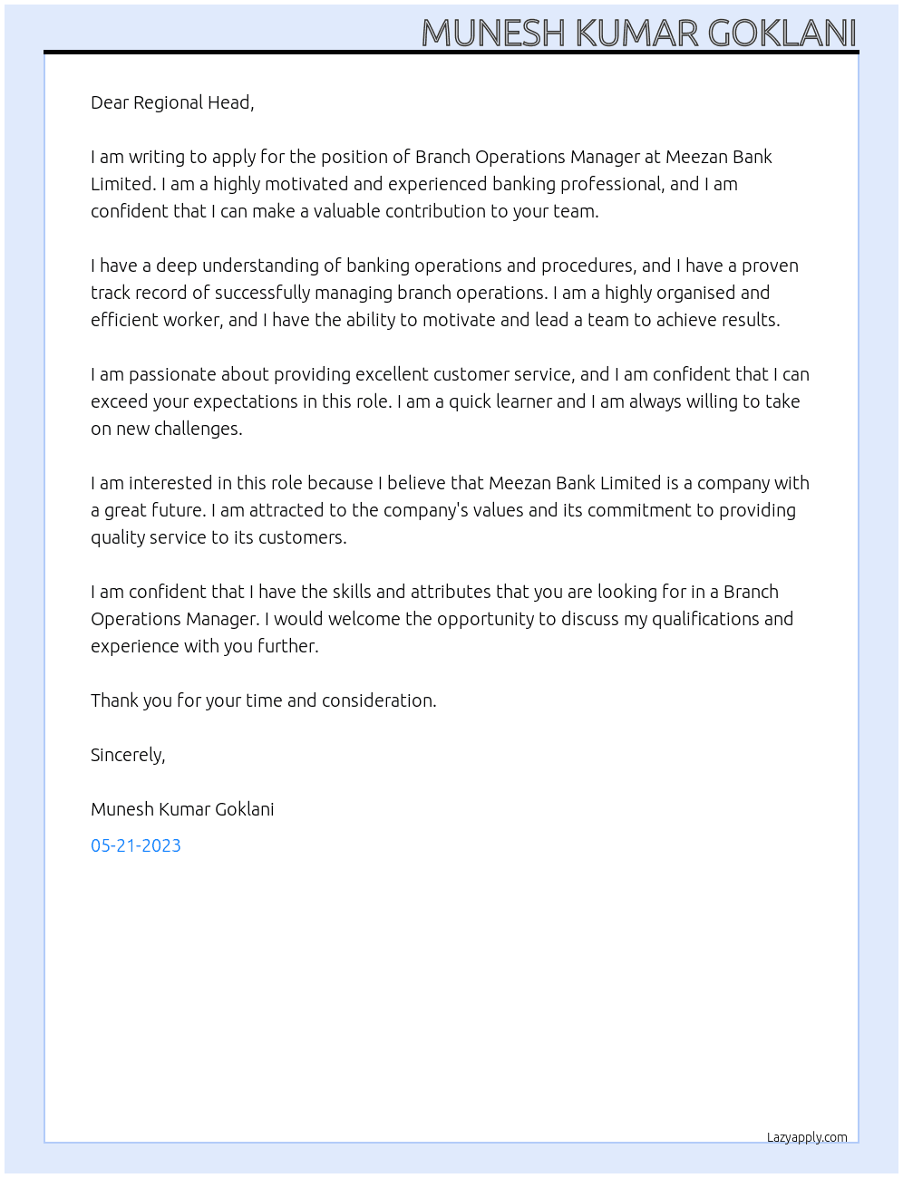 Branch Operations Manager At Meezan Bank Limited Cover Letter