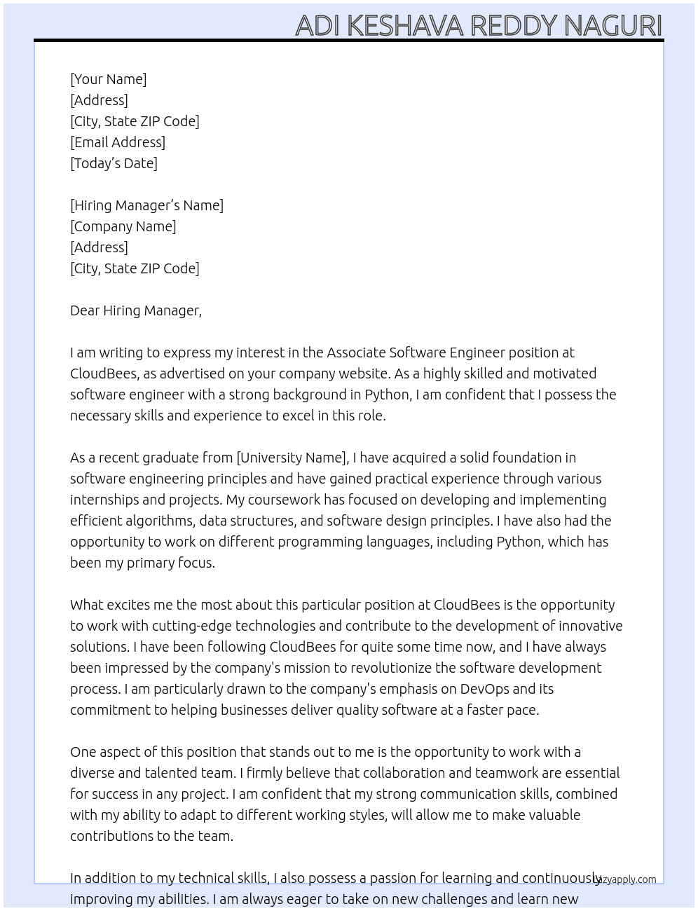 Associate Software Engineer At CloudBees Cover Letter