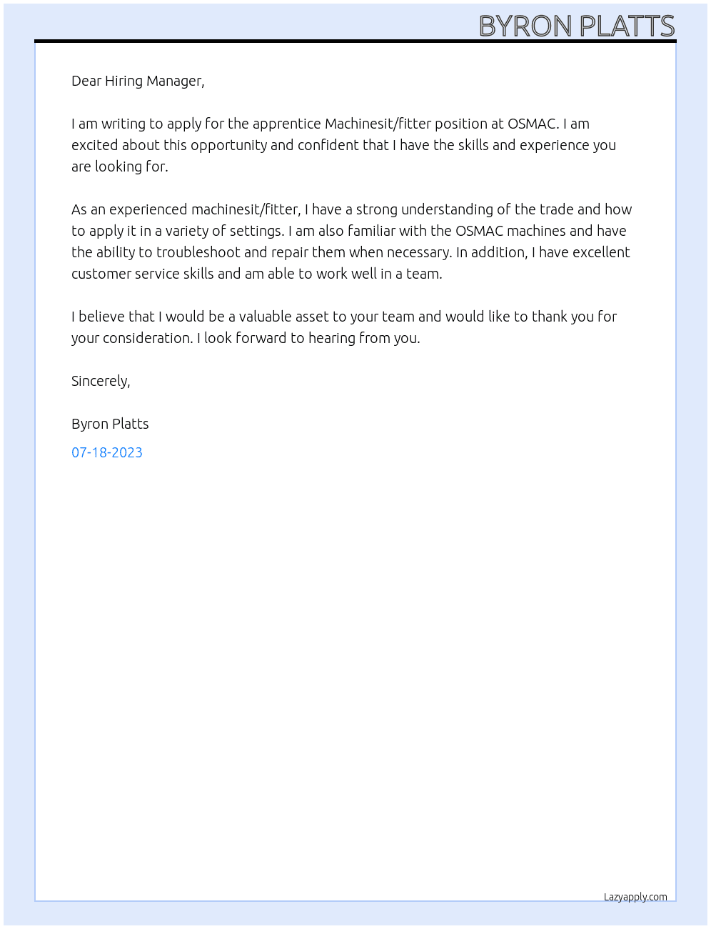 apprentice Machinesit/fitter At OSMAC Cover Letter