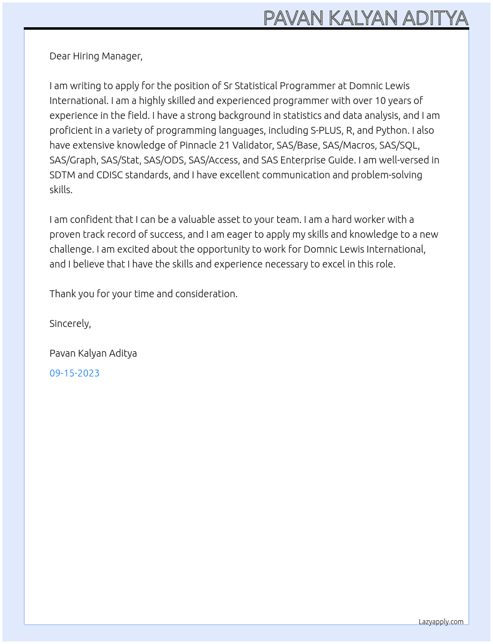 Sr Statistical Programmer At Domnic Lewis International Cover Letter