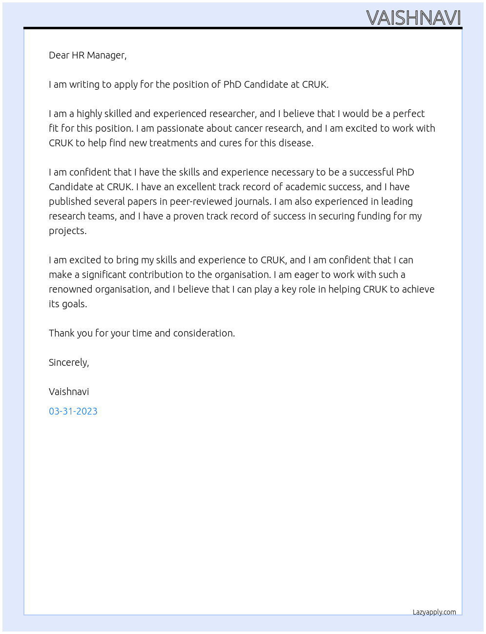 PhD Candidate At CRUK Cover Letter