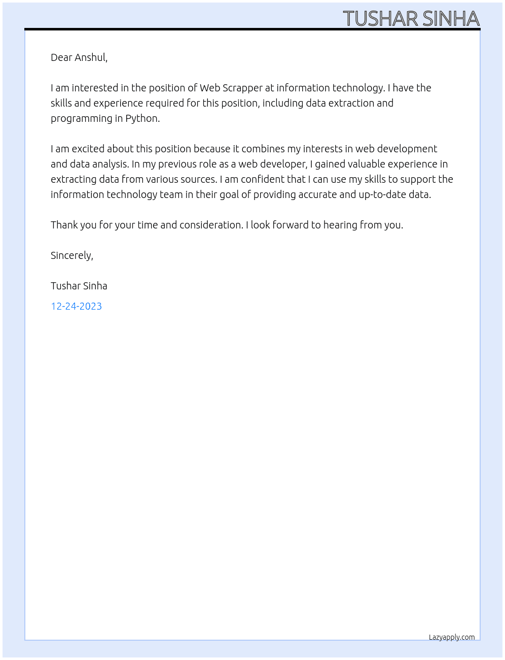 Web Scrapper At information technology Cover Letter