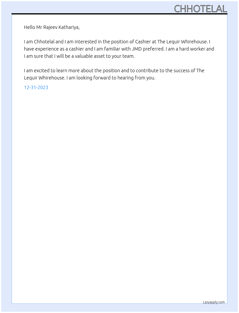 Cashier  At The Lequir Whirehouse  Cover Letter