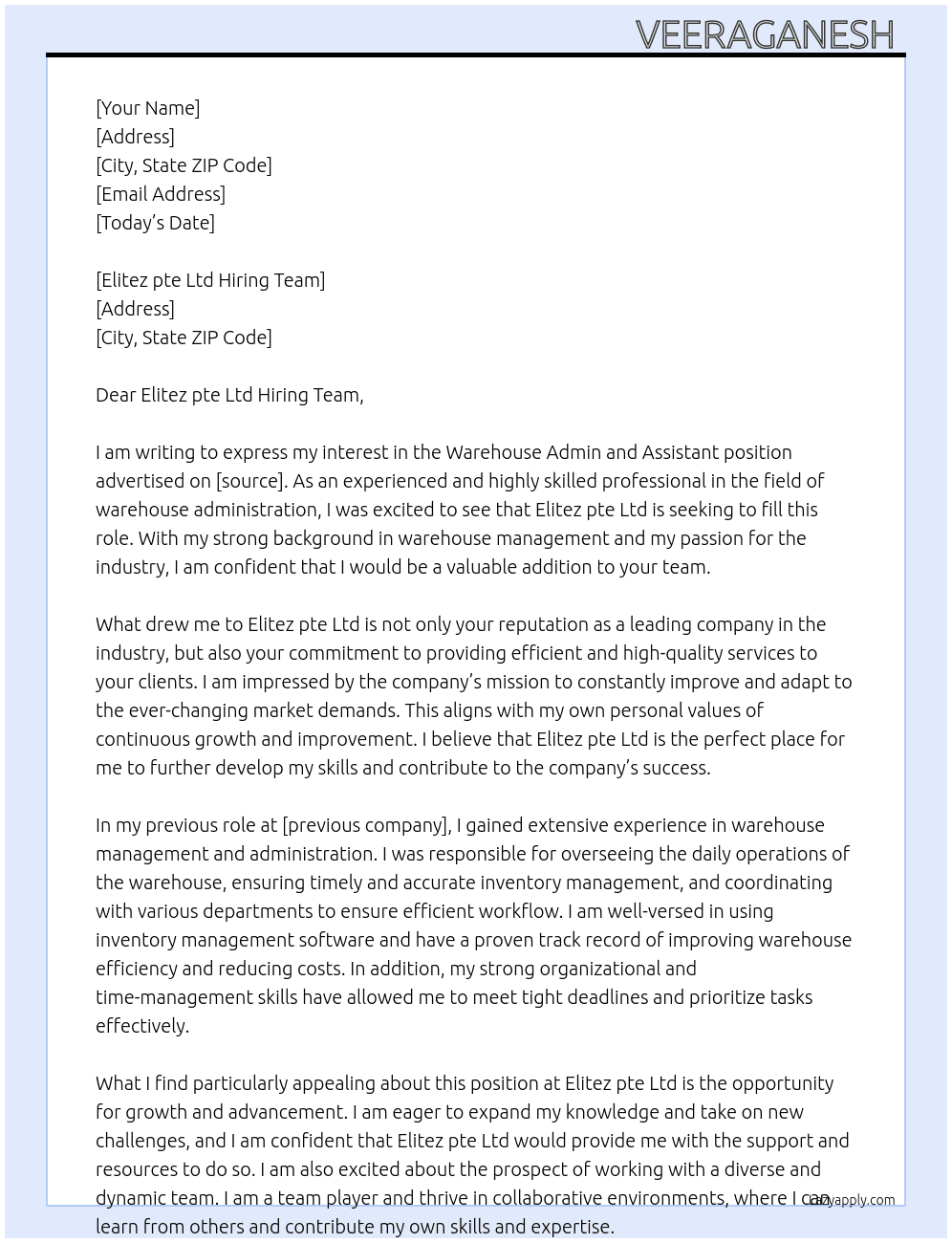Warehouse admin and assistant At Elitez pte Ltd Cover Letter