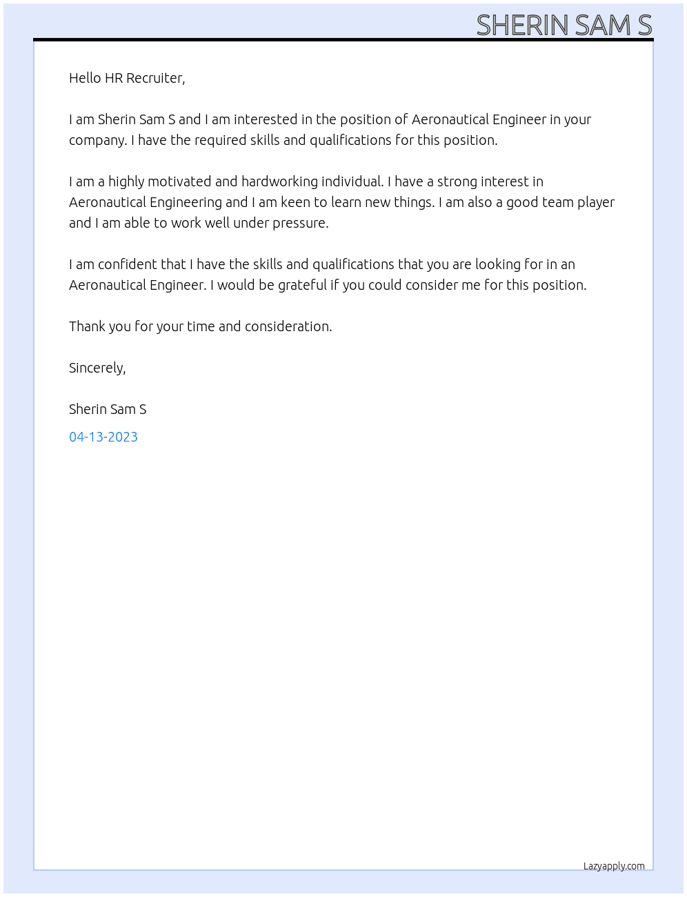 Aeronautical Engineer At Company  Cover Letter