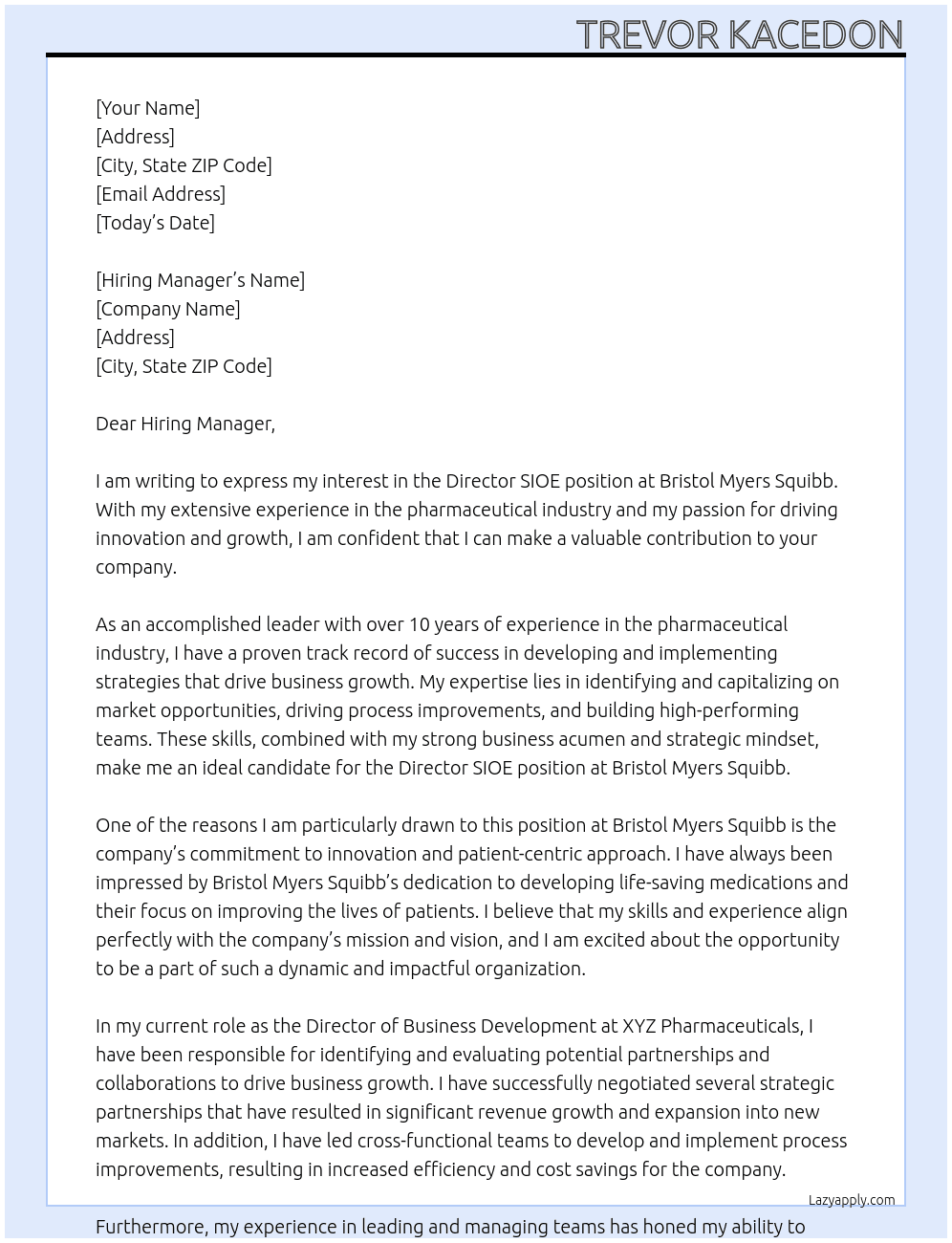 Director SIOE At Bristol Myers Squibb Cover Letter
