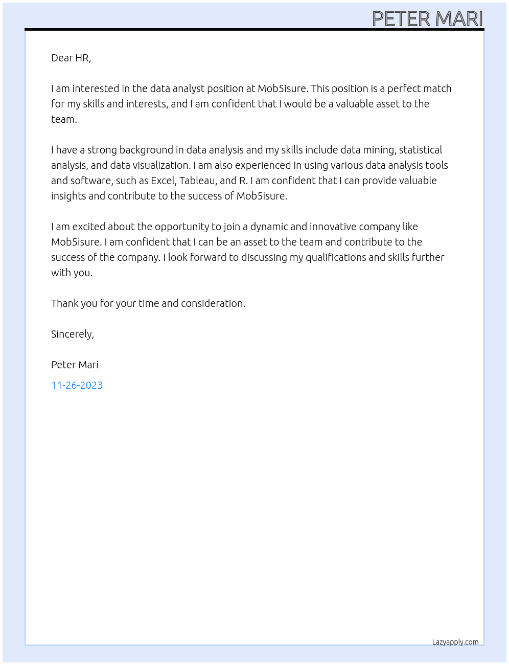 data  analyst At mob5isure Cover Letter