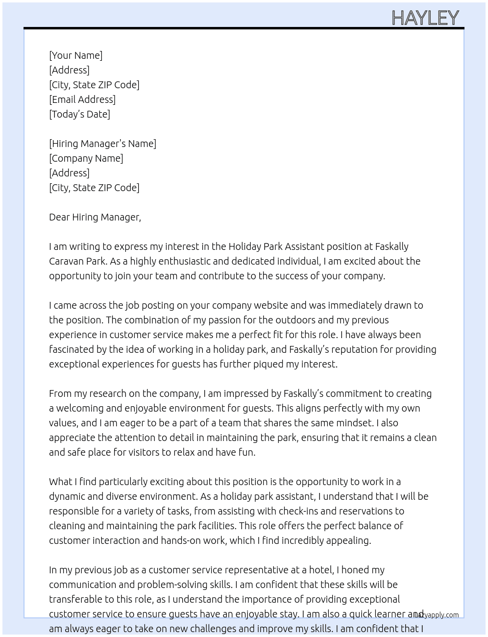 Holiday park assistant  At Faskally Caravan Park Cover Letter