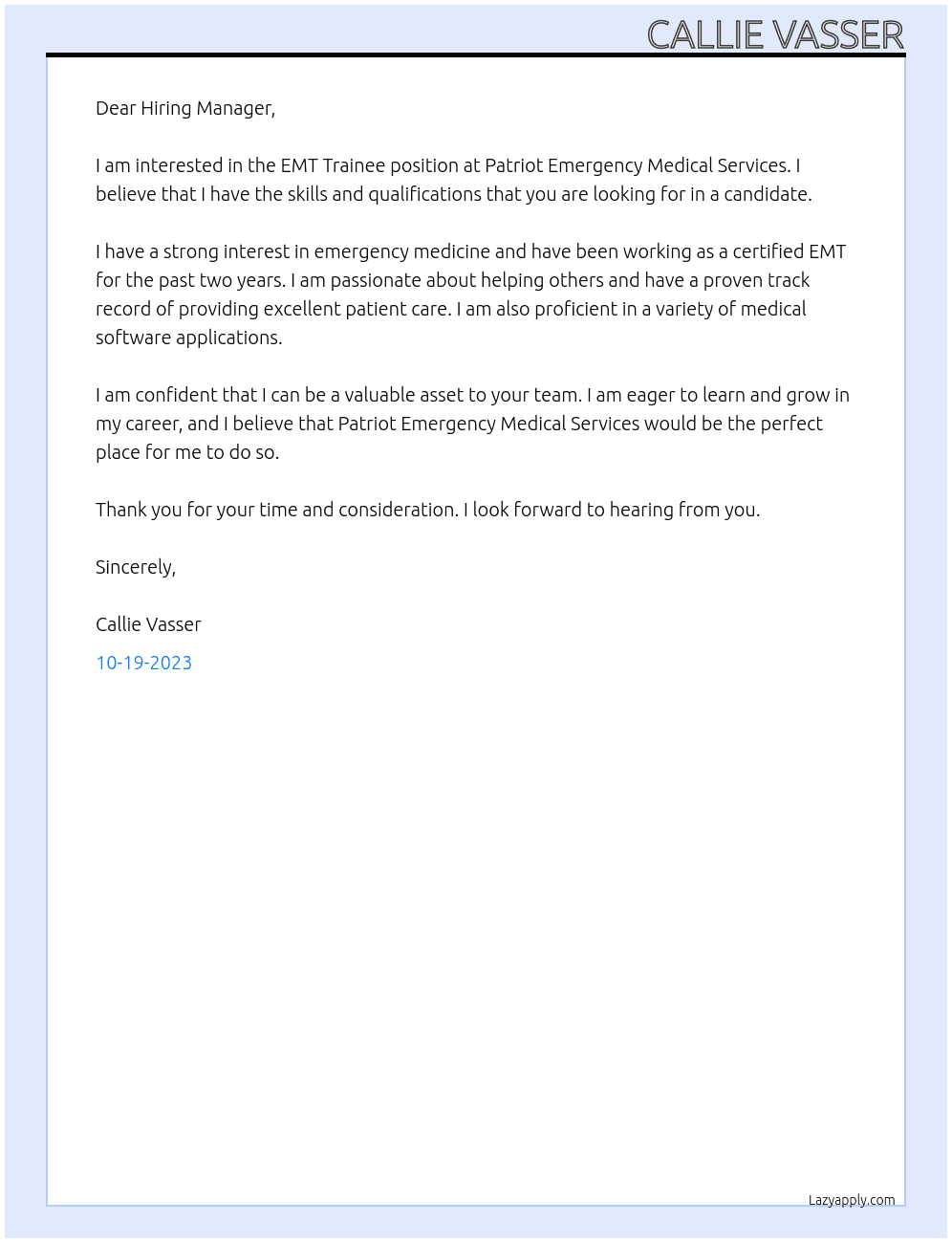 EMT Trainee At Patriot Emergency Medical Services Cover Letter